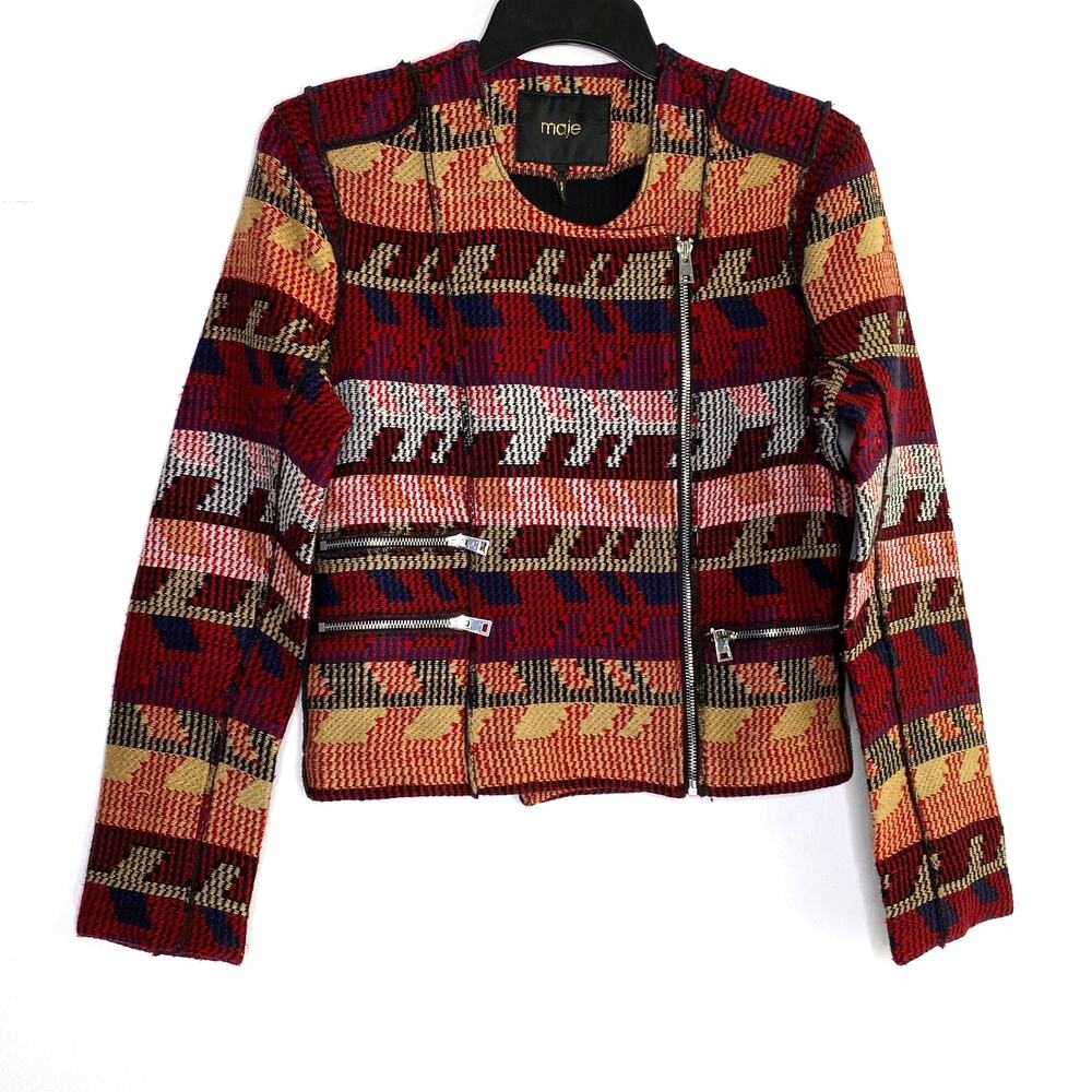 Maje Aztec Moto Jacquard Jacket Asymmetric Zip Front Sz 38 Medium Quiet Luxury - Picture 7 of 12